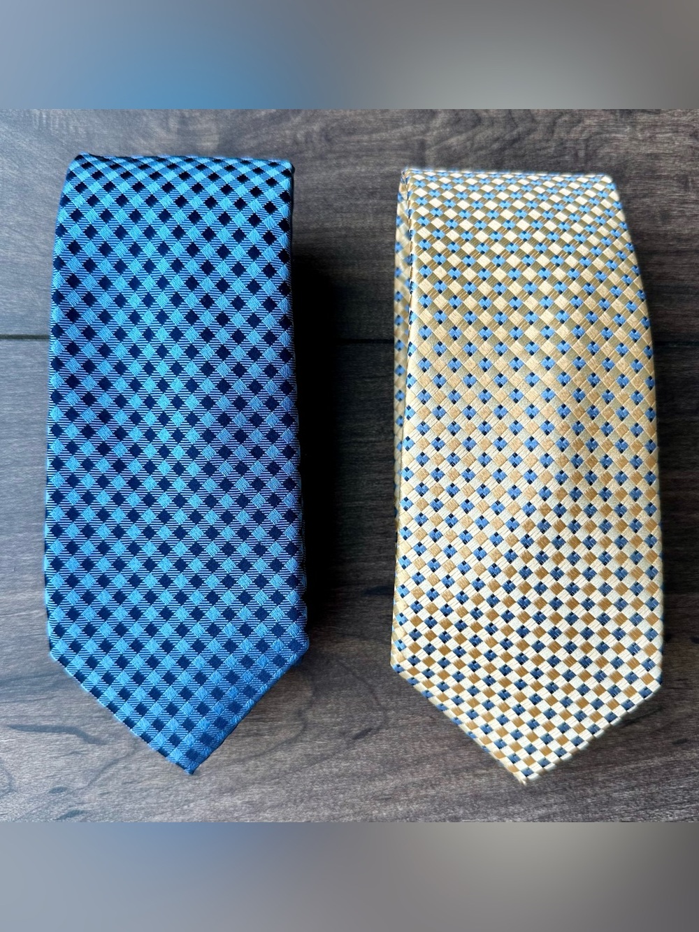 Michael Kors Men's Silk Tie Bundle - 2 Geometric Checkered Navy Blue & Gold Ties